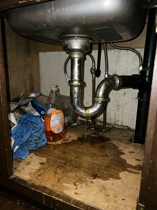 The resident's photo: a dripping trap under the kitchen sink, water pooling in the cabinet